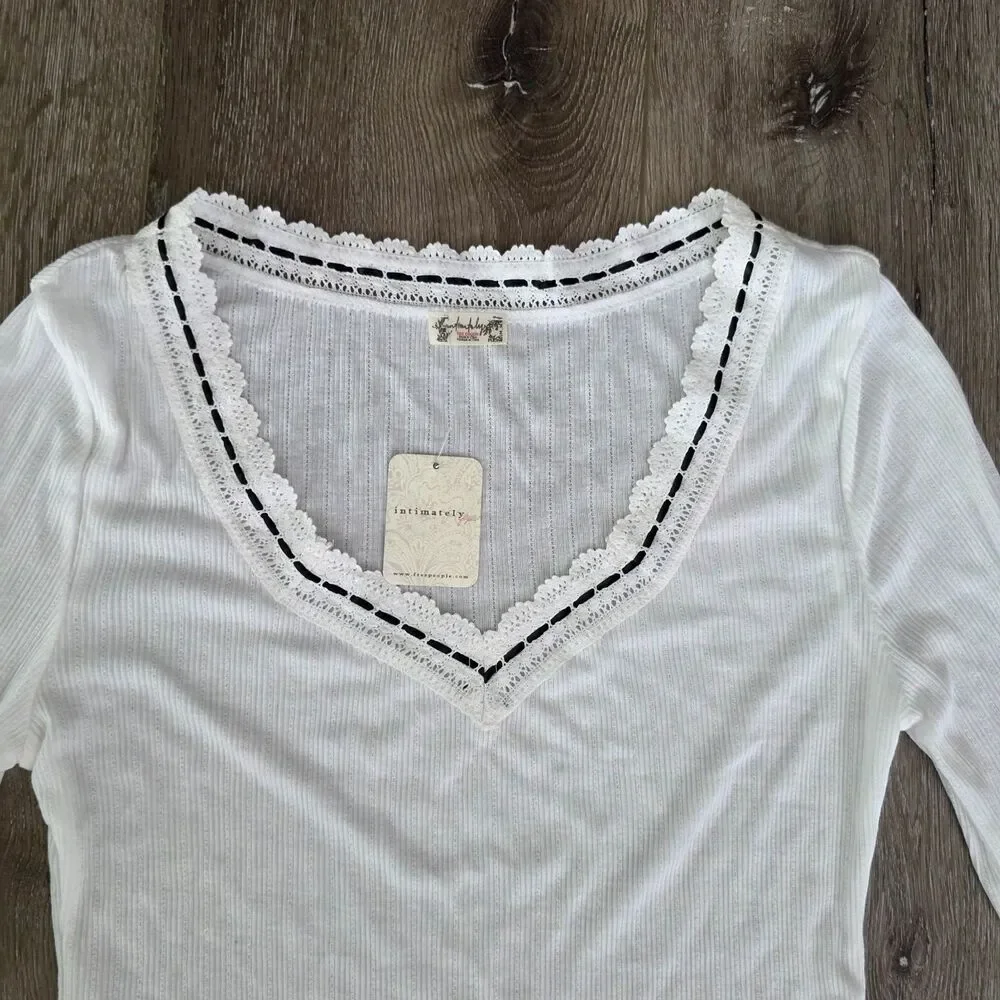 Intimately Free People M White Long Sleeve V Neck Top W Lace Ribbon Trim NWT